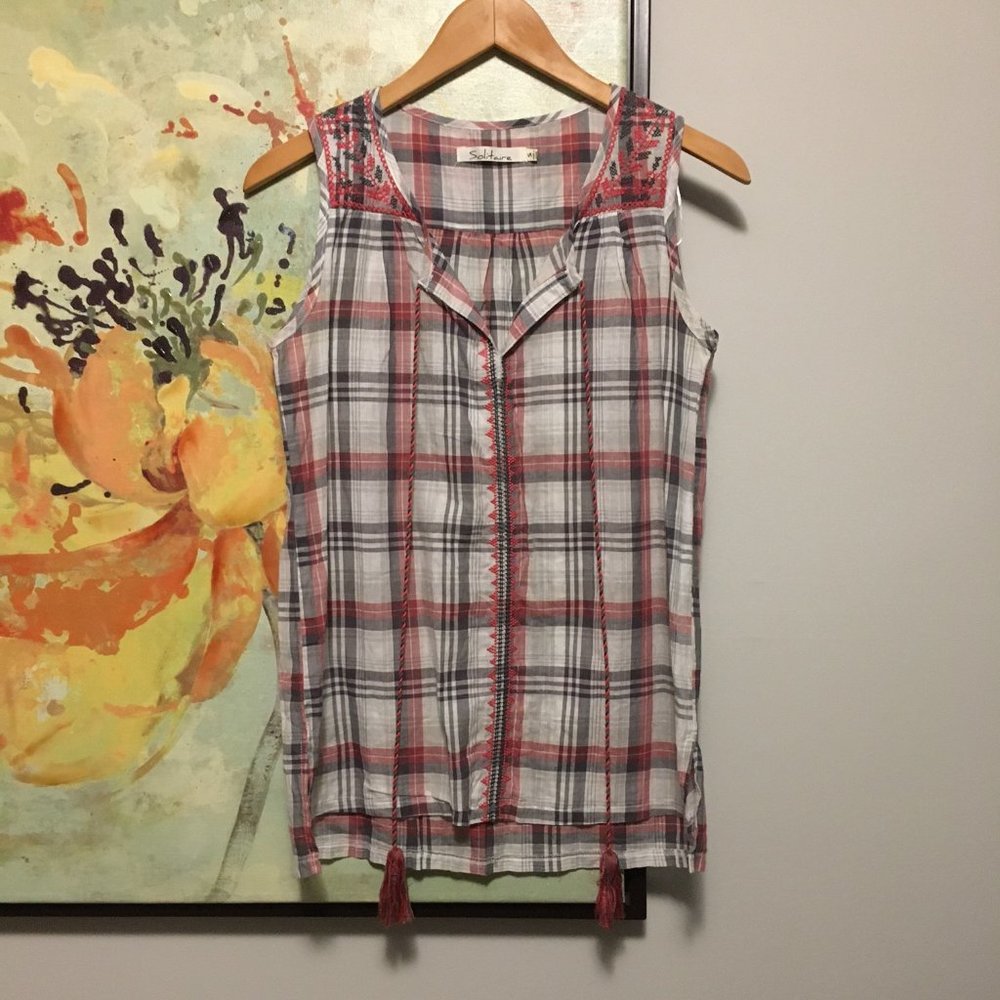 Anthropologie Solitaire Plaid Tassel Boho Tank Top Tunic Cotton Small - Picture 1 of 10